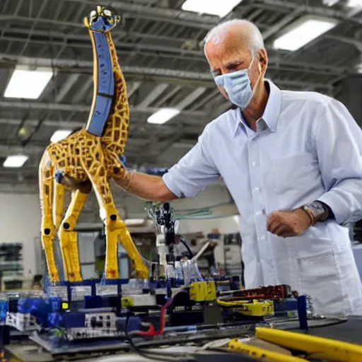 Image similar to prototype robot giraffe being worked on by one scientists engineer, joe biden.