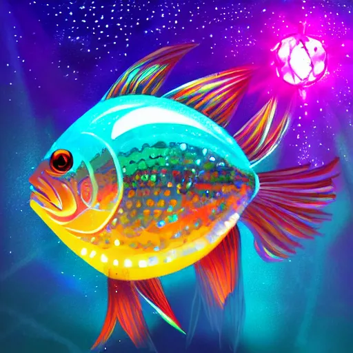 Prompt: fish that is also a disco ball digital painting artstation