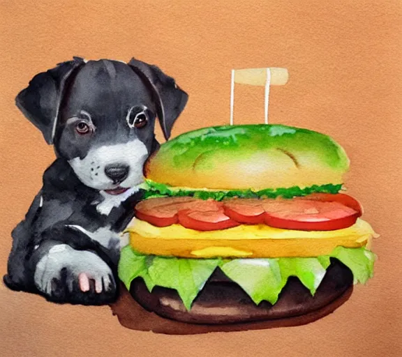 Prompt: A puppy eating a huge hamburger, watercolor painting, trending on artstation
