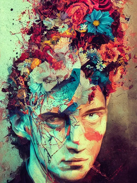 Prompt: art portrait of man with flower in head,by tristan eaton,Stanley Artgermm,Tom Bagshaw,Greg Rutkowski,Carne Griffiths,trending on DeviantArt,face enhance,chillwave,minimalist,cyberpunk,full of colour,