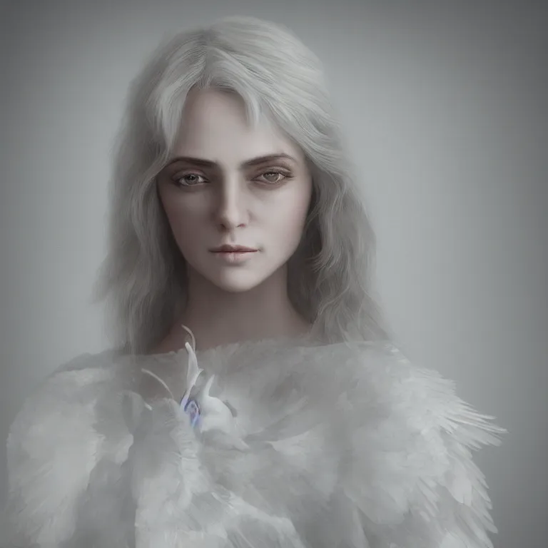 Image similar to hight focus of a wonderful realistic focused sweet wonderful symmetrical mid portrait of a lonely woman with a detailed wonderful, majestic, large semi transparent white cotton dress like as a realistic black raven, dramatic light, octane render - 8 k