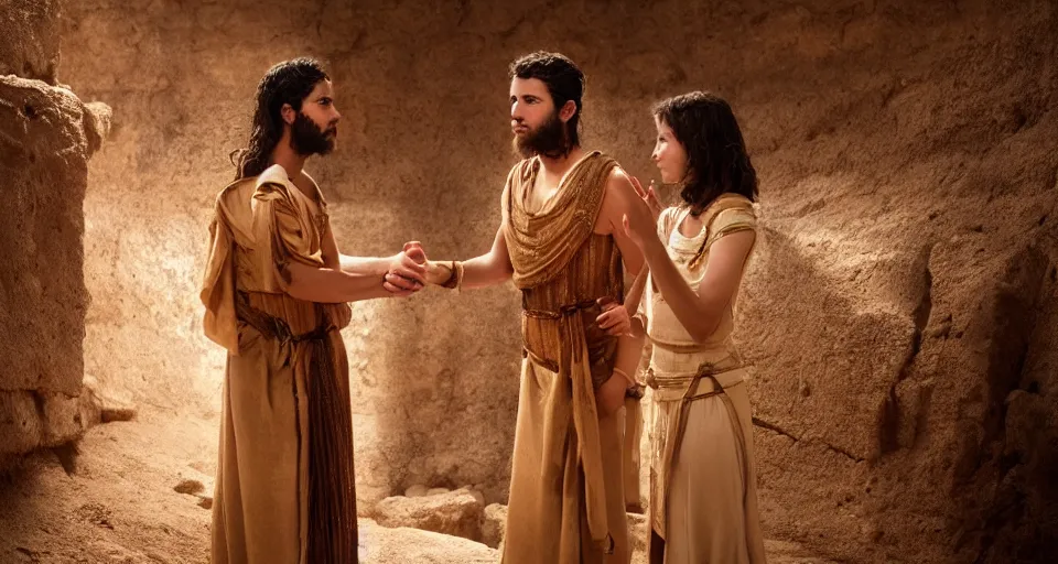 Image similar to award winning cinematic still of 26 year old male in ancient Canaanite clothing meeting 18 year old female in ancient Canaanite clothing, dramatic lighting, establishing shot, high detail, Biblical epic directed by Wes Anderson, HD, wallpaper,