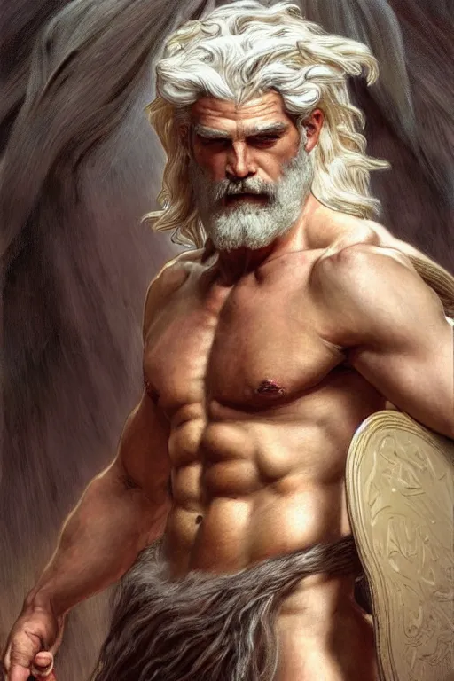 Image similar to painted portrait of rugged zeus, god of thunder, greek god, white hair, masculine, mature, handsome, upper body, muscular, hairy torso, fantasy, intricate, elegant, highly detailed, digital painting, artstation, concept art, smooth, sharp focus, illustration, art by gaston bussiere and alphonse mucha