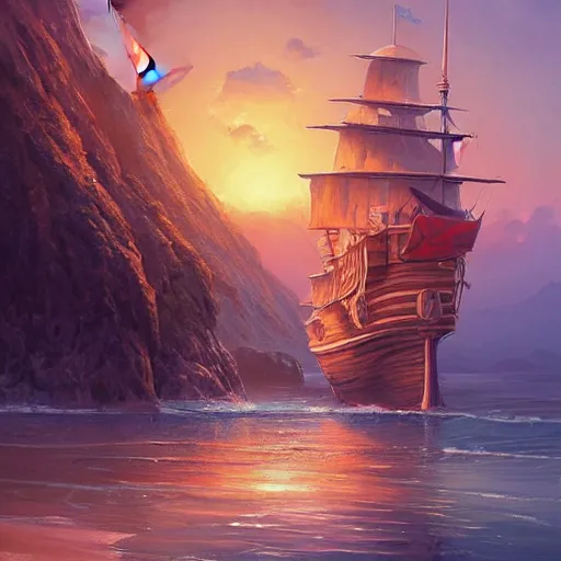 Image similar to a painting of an island with a pirate ship on it, a detailed matte painting by RHADS, cgsociety, fantasy art, matte painting, artstation hq, matte drawing, by makoto shinkai and Beeple