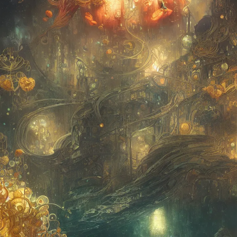 Image similar to a beautiful painting of the city of atlantis, underwater with glowing lights, corals and jellyfish, with the night sky with stars above, intricate, elegant, highly detailed, digital painting, artstation, concept art, by krenz cushart and artem demura and alphonse mucha