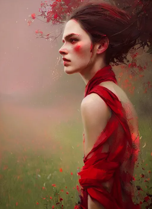 Prompt: outdoor portrait of a beautiful girl, shades of red and green, beautiful face, rule of thirds, intricate outfit, spotlight, by greg rutkowski, by jeremy mann, digital painting