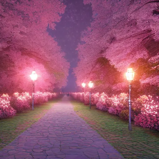 Image similar to photorealistic beautiful cherry blossom forest with victorian lanterns lining the stone pathway. hyperdetailed photorealism, 1 0 8 megapixels, amazing depth, glowing rich colors, powerful imagery, psychedelic overtones, 3 d finalrender, 3 d shading, cinematic lighting, artstation concept art