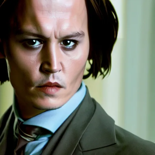 Image similar to Film Still of a Young Adult Johnny Depp playing Adult Tom Riddle in Harry Potter, Film Still, realistic, hyperrealistic, very realistic, very very realistic, highly detailed, very detailed, extremely detailed, detailed, detailed face, very detailed face, very detailed face, realism, HD Quality, 8k resolution, intricate details, body and head in frame, Real Life