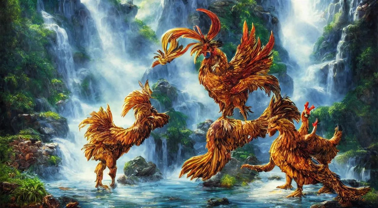 Prompt: knight fighting a giant rooster in front of a waterfall, fantasy, sunshine, holy, light rays, in the style of boris vallejo