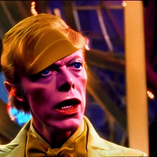 Image similar to stunning awe inspiring david bowie playing willy wonka, movie still 8 k hdr atmospheric lighting