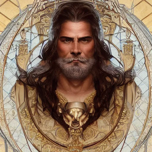 Image similar to portrait of zeus, intricate, elegant, highly detailed, digital painting, artstation, concept art, smooth, sharp focus, illustration, art by artgerm and greg rutkowski and alphonse mucha