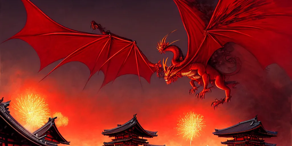 Prompt: Stunning Portrait of A Red dragon flying above a Feudal Japan temple during a fire works festival at night by Kim Jung Gi, Blizzard Concept Art Studio Ghibli. oil paint. 4k. by brom, Intense fireworks by Ross Tran, Greg Rutkowski, Mark Arian, soft render, octane, highly detailed painting, artstation