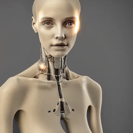 Prompt: beautiful Fine art photography of a solarpunk half robot half human girl with real human face, rectilinear lights over body, highly detailed, photorealism, studio lighting 8k