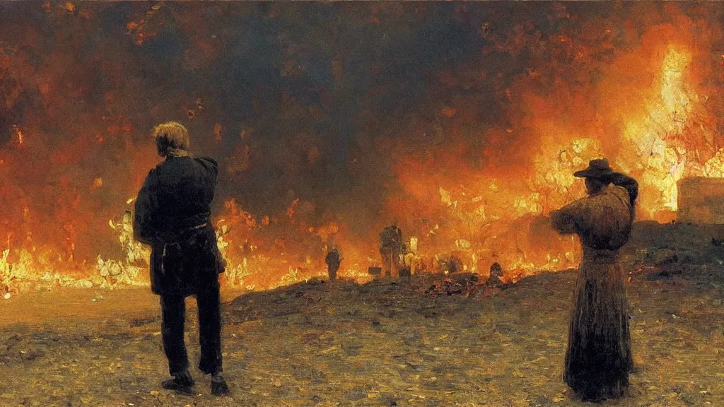 Image similar to high quality high detail painting by ilya repin, man standing in front of huge explosion, cinematic, hd