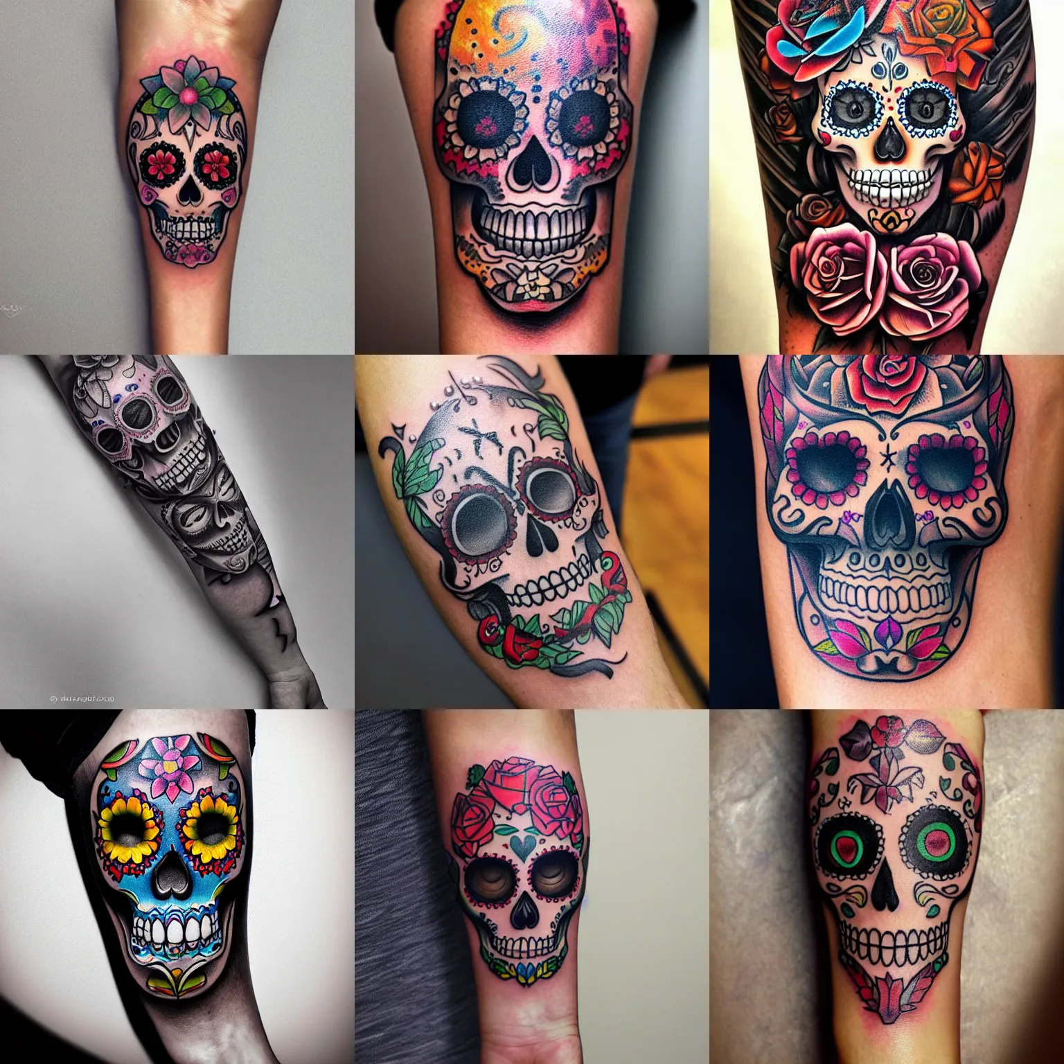 Prompt: cartoon sugar skull tattoo on forearm by ruben barahona, intricate, extremely detailed, digital painting, artstation, concept art, smooth, sharp focus, illustration, intimidating lighting, incredible art,