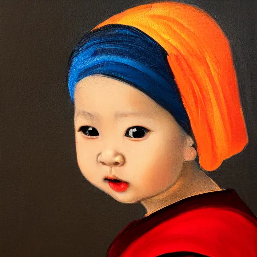 Image similar to A portrait of a lovely Asian baby girl imitating Girl with a Pearl Earring, detailed oil painting, dark background, 4k,