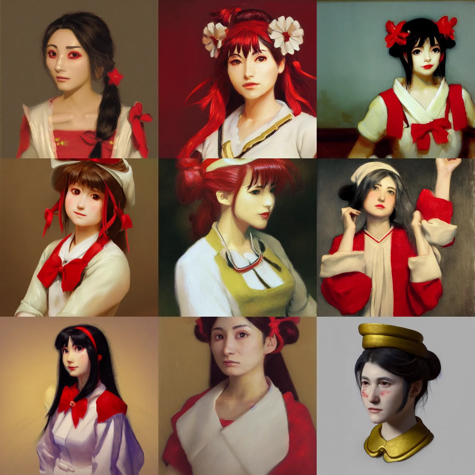 Prompt: a portrait painting of reimu hakurei, by george clausen, marble, gold, unreal engine 5