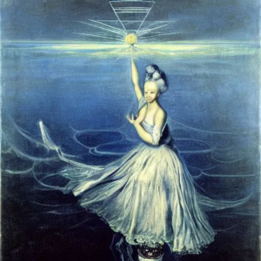 Image similar to Marie Antoinette levitating over the sea. El Greco, Remedios Varo, Salvador Dali, Carl Gustav Carus, John Atkinson Grimshaw. Blue tint. Symetrical, logo, geometric shapes.