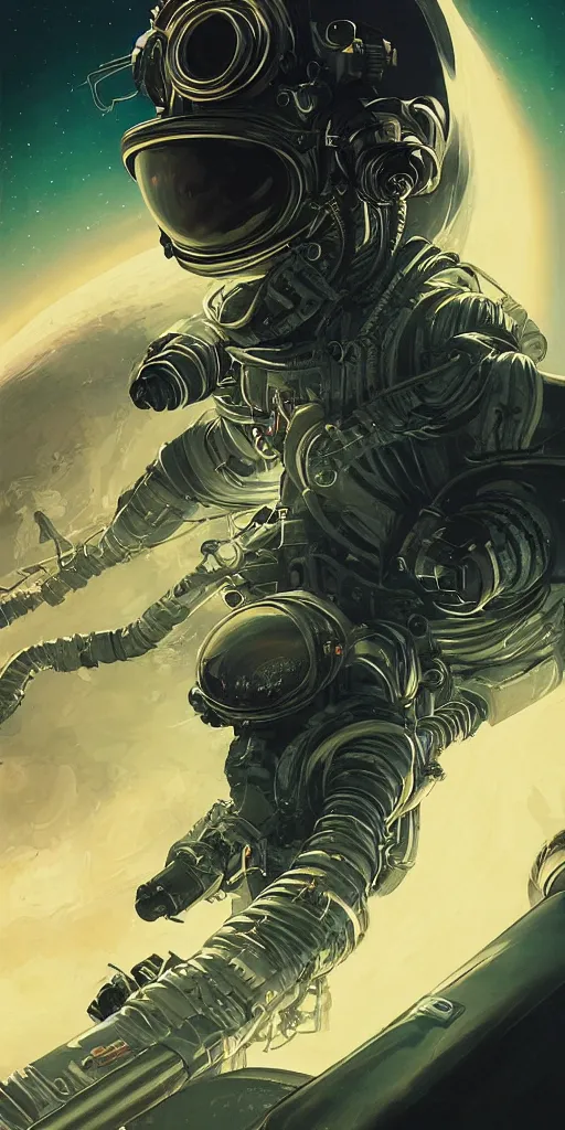 Image similar to eldritch astronaut with dark tendrils in deep space, retrofuturism, atompunk, dynamic composition, dramatic lighting, hyperrealistic, ultra detailed, nitro colors