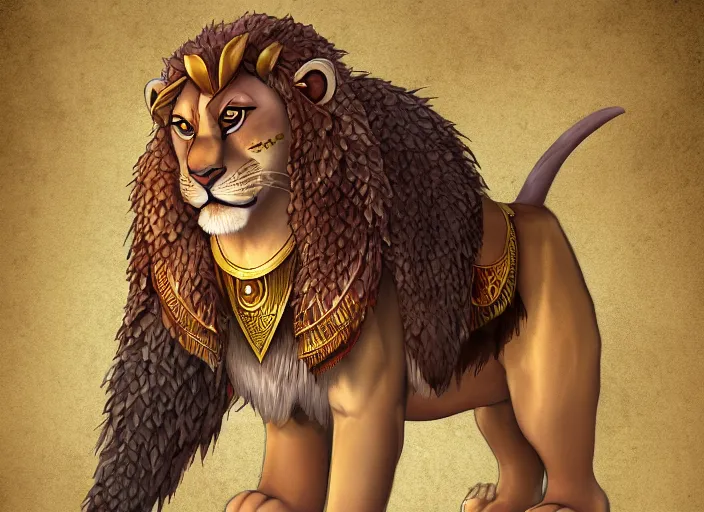 Prompt: fullbody egyptian lion character design of a disney egyptian lion. egyptian lion deviantart adoptable, style of maple story and zootopia, disney portrait studio lighting by jessica rossier and brian froud in the style of disney, traditional artstation