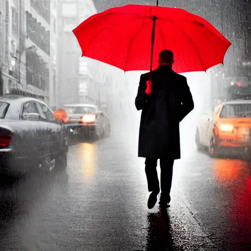 Image similar to A dramatic portrait of a detective in yellow rain coat , red umbrella , walking in a black and white street . Cinematic lighting