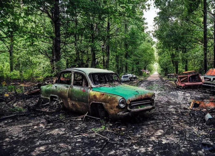 Image similar to an overgrown street corner, derelict vehicles taken by the vegetation, a camp fire sits in the forest ground with trees framing the shot,