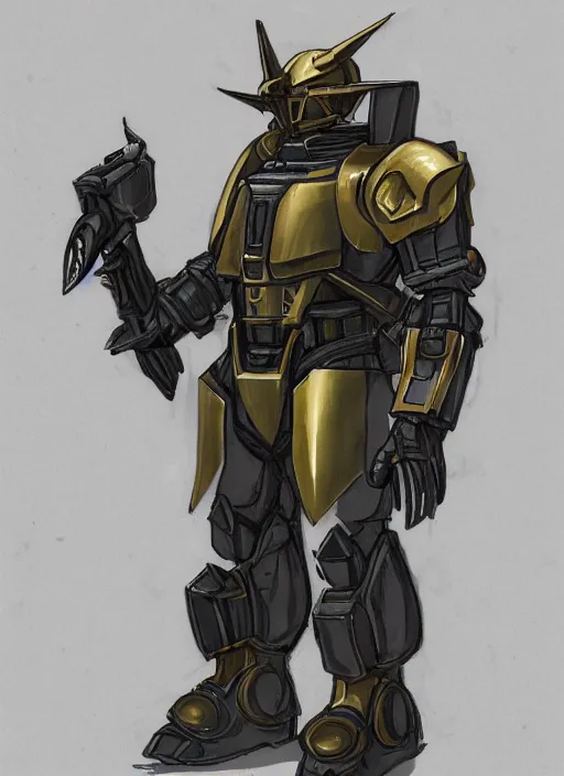 Image similar to medium-length portrait of a male paladin with short curly hair and a greying beard, olive skin, a grim expression and tired eyes, wears a suit of power armor, magitech!, Enchanted power armor, gundam, medieval setting, highly detailed, digital painting, artstation, concept art, sharp focus, illustration, art by greg rutkowski and alphonse mucha