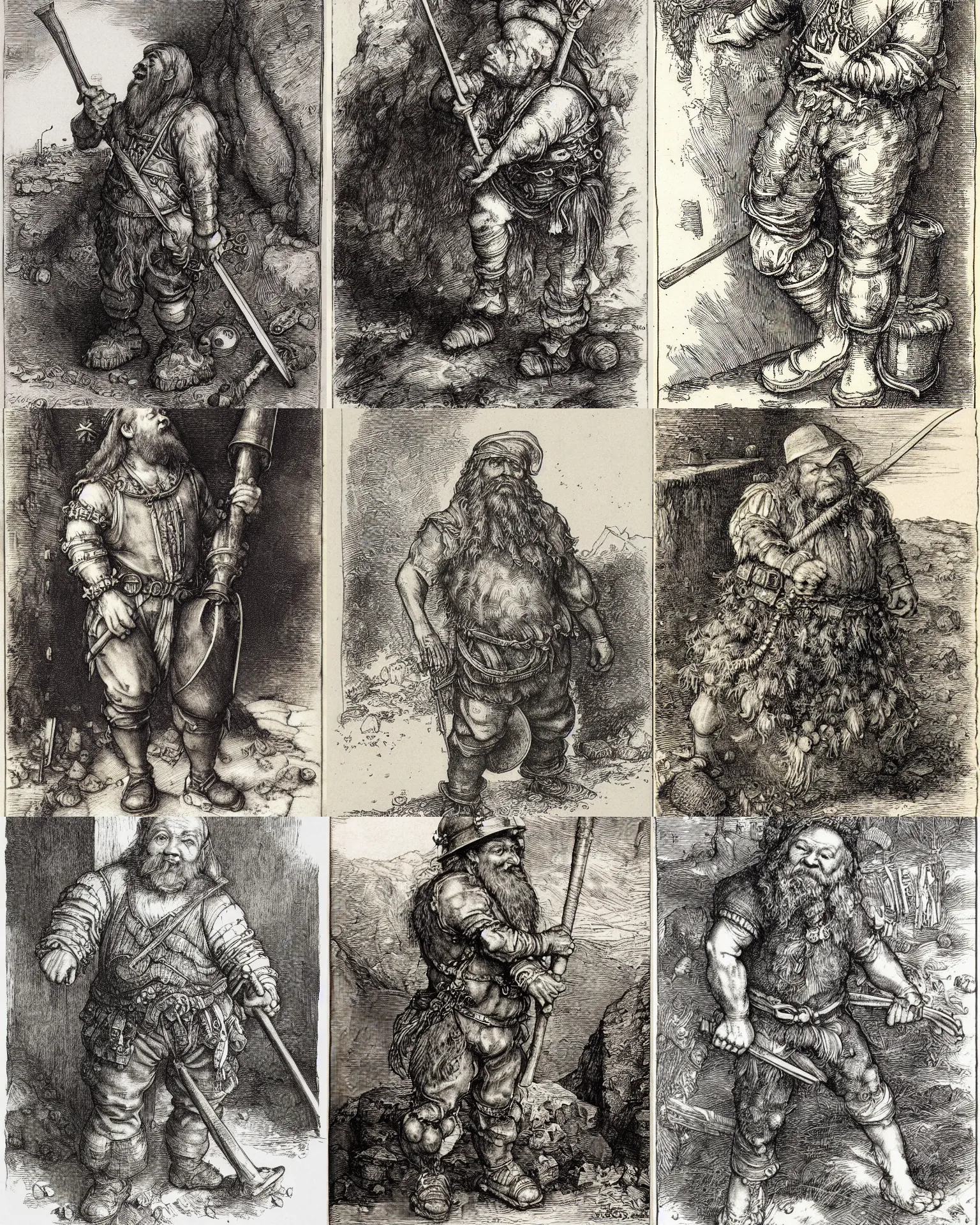 Prompt: an engraving of a tudor fantasy halfling dwarf miner by albrecht durer, gustave dore, highly detailed, lithoraph engraving, tatterdemalion