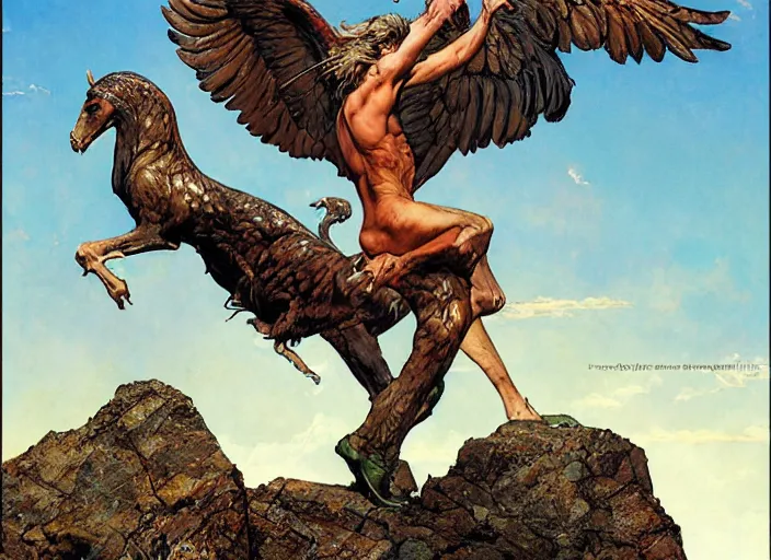 Prompt: portrait of a mythical griffin standing on a rock, by norman rockwell and jesper ejsing and jason fabok and tom lovell and frank schoonover