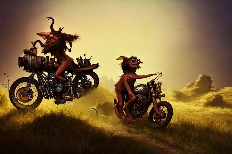 Prompt: a goblin riding a steampunk motorcycle on a dirt road in a meadow, volumetric light, studio lighting, hyperdetailed, artstation, cgsociety, 8k