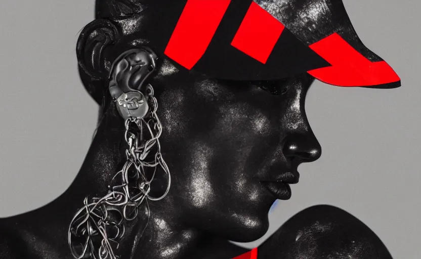 Image similar to close up portrait of extremely beautiful female black marble statue in the style of virgil abloh, colorful motocross logos behind her, sharp focus, clear, detailed,, cinematic, detailed, off white, glamourous, symmetrical, vogue, editorial, fashion, magazine shoot, glossy