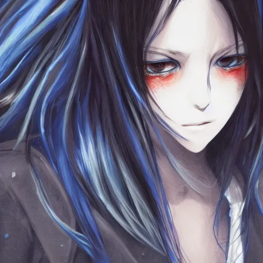 Prompt: full face shot of rimuru tempest, sky blue straight hair, long bangs, closed eyes, wearing a fancy black jacket, high collar, ultra detailed, brush strokes, digital painting, cinematic, wlop artstation, closeup, pixiv, eerie, scary, overpowering, evil, yoshitaka amano, junji ito,