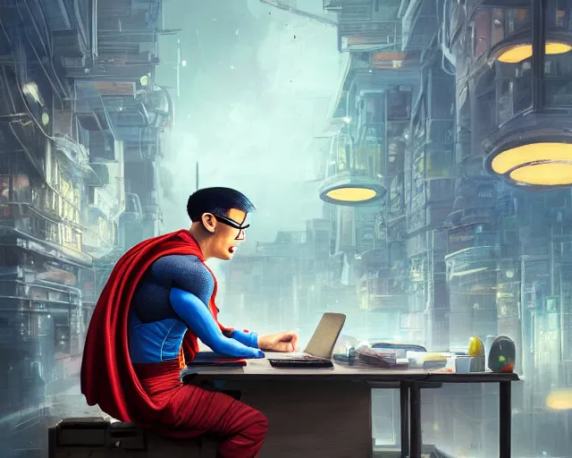 Image similar to an insanely detailed painting of a nerdy asian man wearing a superhero costume, sitting at a desk, staring at the nervously at the computer and typing, in the style of peter mohrbacher, dramatic lighting and composition, octane render, pixar, trending on artstation, concept art, comic book, view from behind