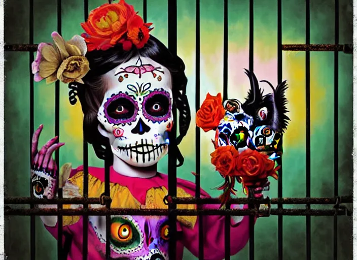 Image similar to a child wearing dia de los muertos costume in a cage, behind bars, whispers secrets to her alejbrie animal spirit. sharpe matte painting, lowbrow, pop surrealism art, neo expressionism, nouveau realisme decollage, contemporary art illustration, oaxacan alebrijes, photography by steven curry