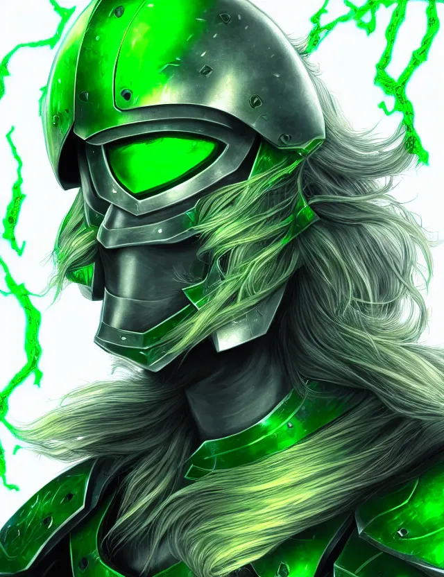 Image similar to a detailed manga portrait of a long haired blonde man with blue eyes in green armour glowing with green energy, trending on artstation, digital art, 4 k resolution, detailed, high quality, sharp focus, hq artwork, coherent, insane detail, character portrait