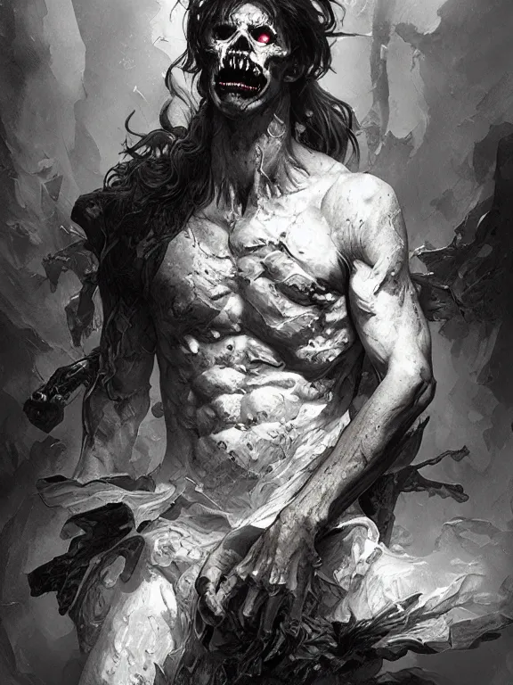 Prompt: the day after armageddon, undead, highly detailed, male, smooth, sharp focus, dark fantasy, greyscale, digital illustration, by artgerm, greg rutkowski, alphonse mucha