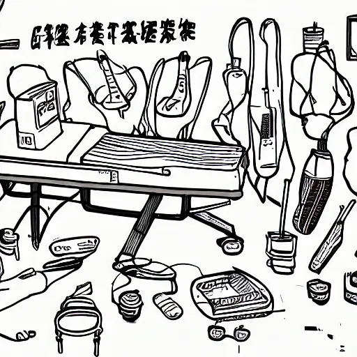 Image similar to chinese surgery operating table, in the style of daniel johnston and outsider art, 8k, line brush, overlaid with chinese adverts