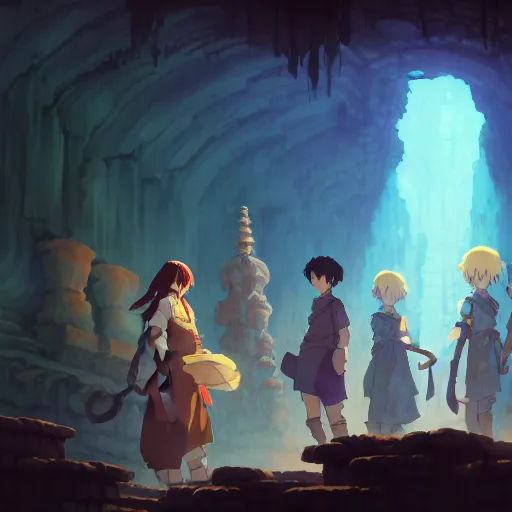 Prompt: key shot of ancient underground dungeon, studio ghibli, bloom, anime key art, gloomhaven, organic painting, hard edges, luminescent, octane render, by greg manchess, huang guangjian, gil elvgren, sachin teng, greg rutkowski, jesper ejsing, rhads, cushart krenz, anton fadeev