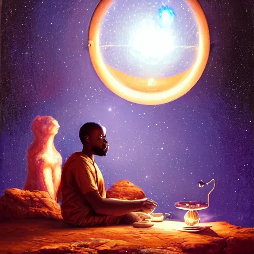 Image similar to an african psychic reading his crystal ball under a meteor shower, greg rutkowski and android jones and amanda sage, oil on canvas, 8k