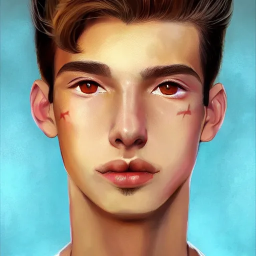 Image similar to colorful Captivating teenage boy with brown blond short quiff hair and thin facial structure with cleft chin, good definition of cheekbones, Alert eyes, narrow face, brown eyes with red eye markers, slim body, wearing a detailed Japanese kimono with golden details, atmospheric lighting, painted, intricate, 4k, highly detailed by Charlie Bowater