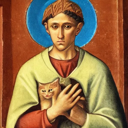 Image similar to depiction of saint pingo, patron saint of sad cats, renaissance european fresco