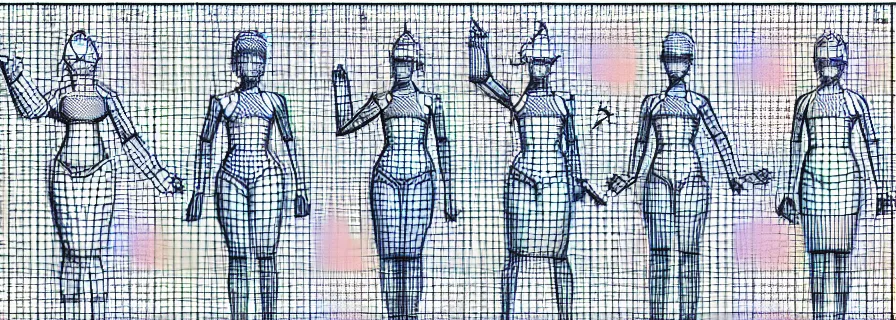 Prompt: pattern of anthropomorphic cute 3 d females accompanying artificial intelligence blueprint, leonard da vinci style