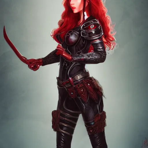 Prompt: head and shoulders, a red haired, red eyed woman, red elf on on her shoulder, dark leather armor by ingrit lima and june jenssen, artstation, behance