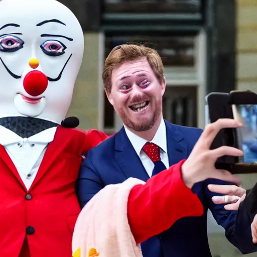 Image similar to president with clown head taking a selfie in a podium next to first minister