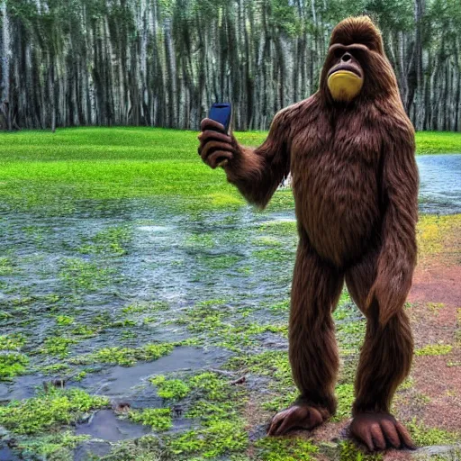 Image similar to bigfoot taking a selfie at the swamp