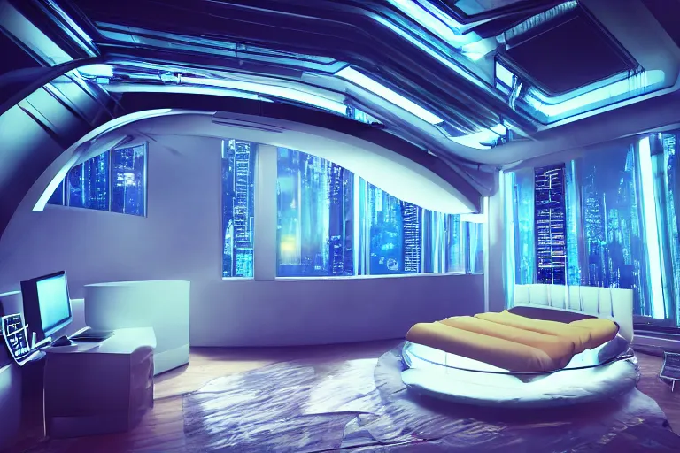 Image similar to a futuristic bedroom with large curved ceiling high windows looking out to a far future cyberpunk cityscape, cyberpunk neon lights, raining, scifi