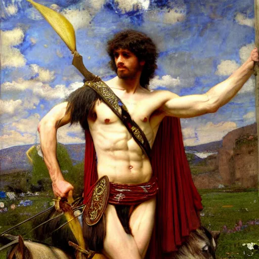 Prompt: Wikus, Centaur of the high glade. Half man half horse. Wearing Grecian armor. Orientalist portrait by john william waterhouse and Edwin Longsden Long and Theodore Ralli and Nasreddine Dinet, oil on canvas. Cinematic, hyper realism, realistic proportions, dramatic lighting, high detail 4k