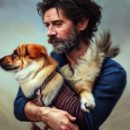 Prompt: portrait of a young, ruggedly handsome man holding a corgi dog, soft hair, muscular, half body, cloth, hairy, d & d, fantasy, intricate, elegant, highly detailed, digital painting, artstation, concept art, smooth, sharp focus, illustration, art by artgerm and greg rutkowski and alphonse mucha