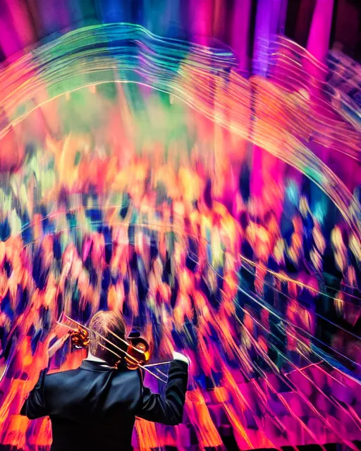 Image similar to long shot portrait of an orchestra conductor on the rostrum, symphony ensemble, baton in motion, motion blur, triadic color scheme, theatre lighting, focus on wand