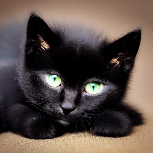 Prompt: black kitten with! beautiful green eyes! laying on it ‘ s back showing it ‘ s fluffy belly while looking at the camera, photorealistic, anatomically correct, sharp focus, 4 k, beautiful,